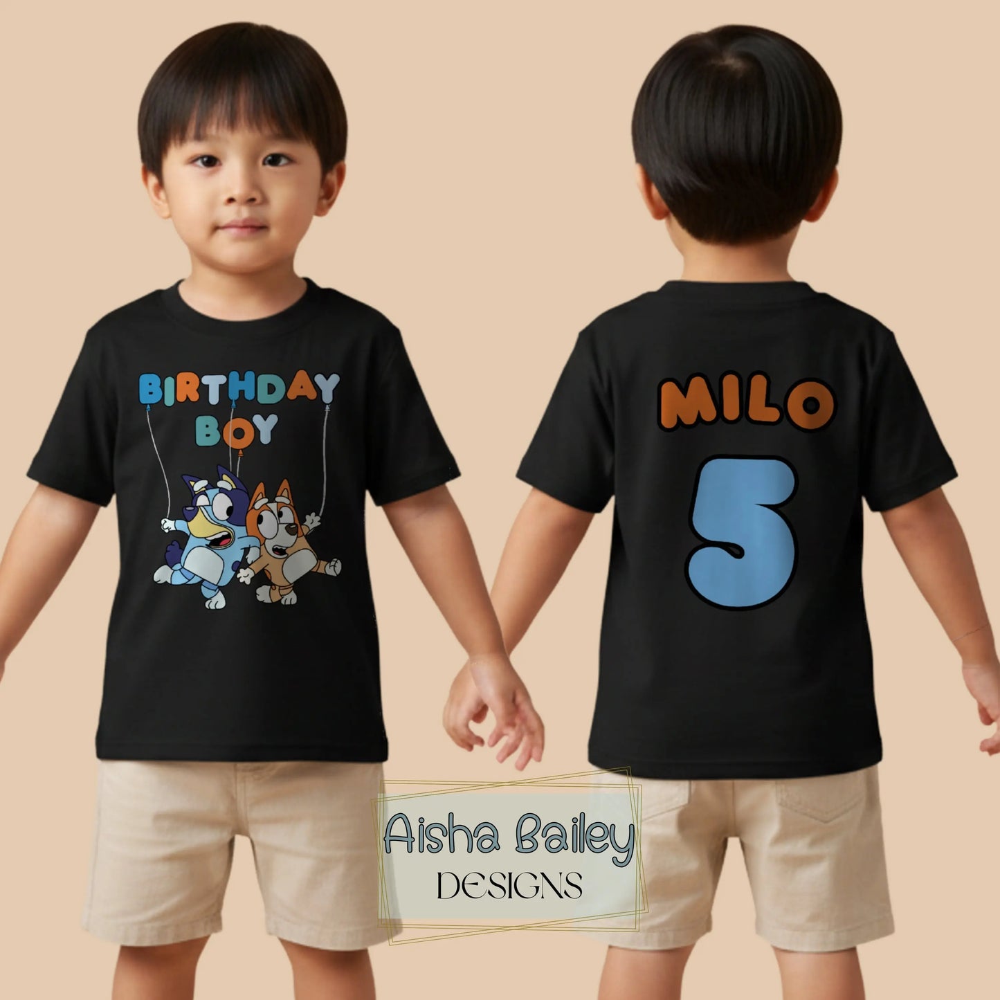 Boys Personalised Bluey and Bingo Birthday T-shirt - Bluey and Bingo Tee Back and Front Print AishaBaileyDesigns