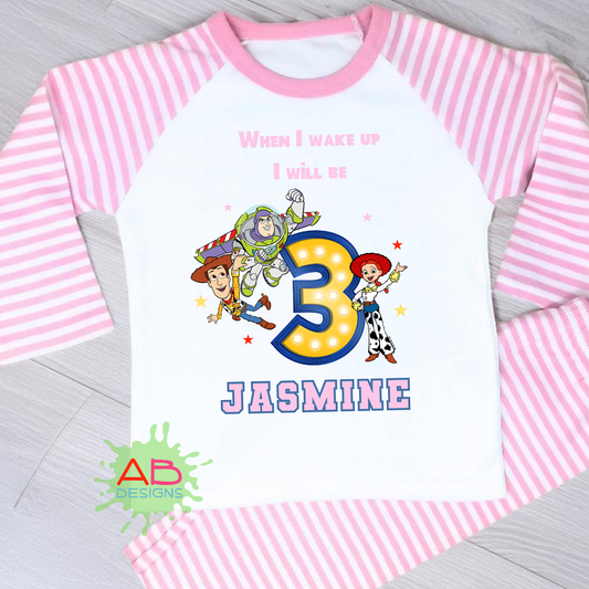 Toy Story Birthday Pyjamas, personalised Toy Story Buzz & Woody PJs, When I wake up toy story, toy story with name, girls toy story pjs