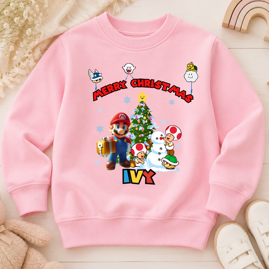 Personalised Mario Christmas Jumper for kids featuring festive Mario characters, Christmas tree design and custom child’s name.
