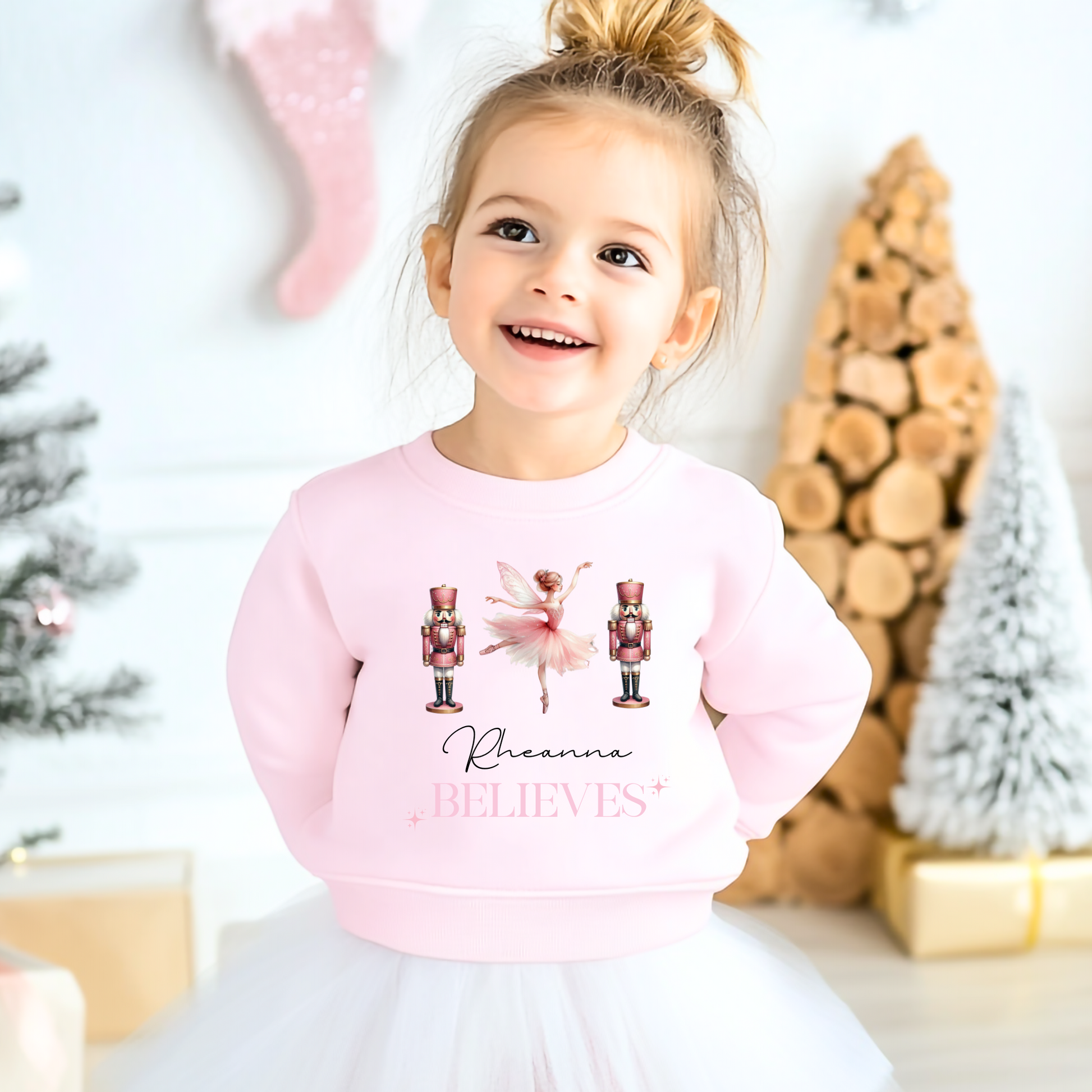 Custom Christmas Sweatshirt, girls pink nutcracker ballerina christmas jumper with personalisation