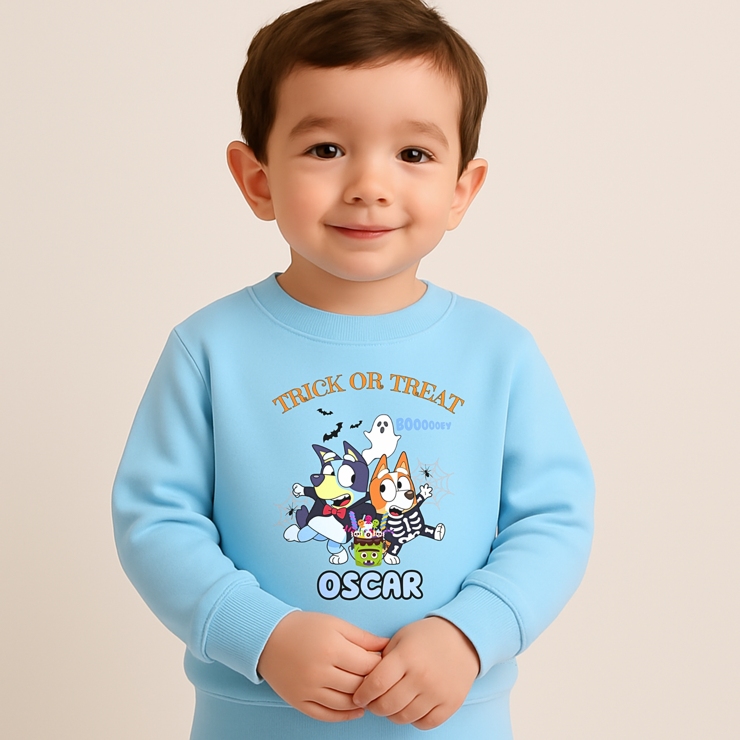 Personalised Halloween sweatshirt with Bluey and Bingo design and custom name for kids