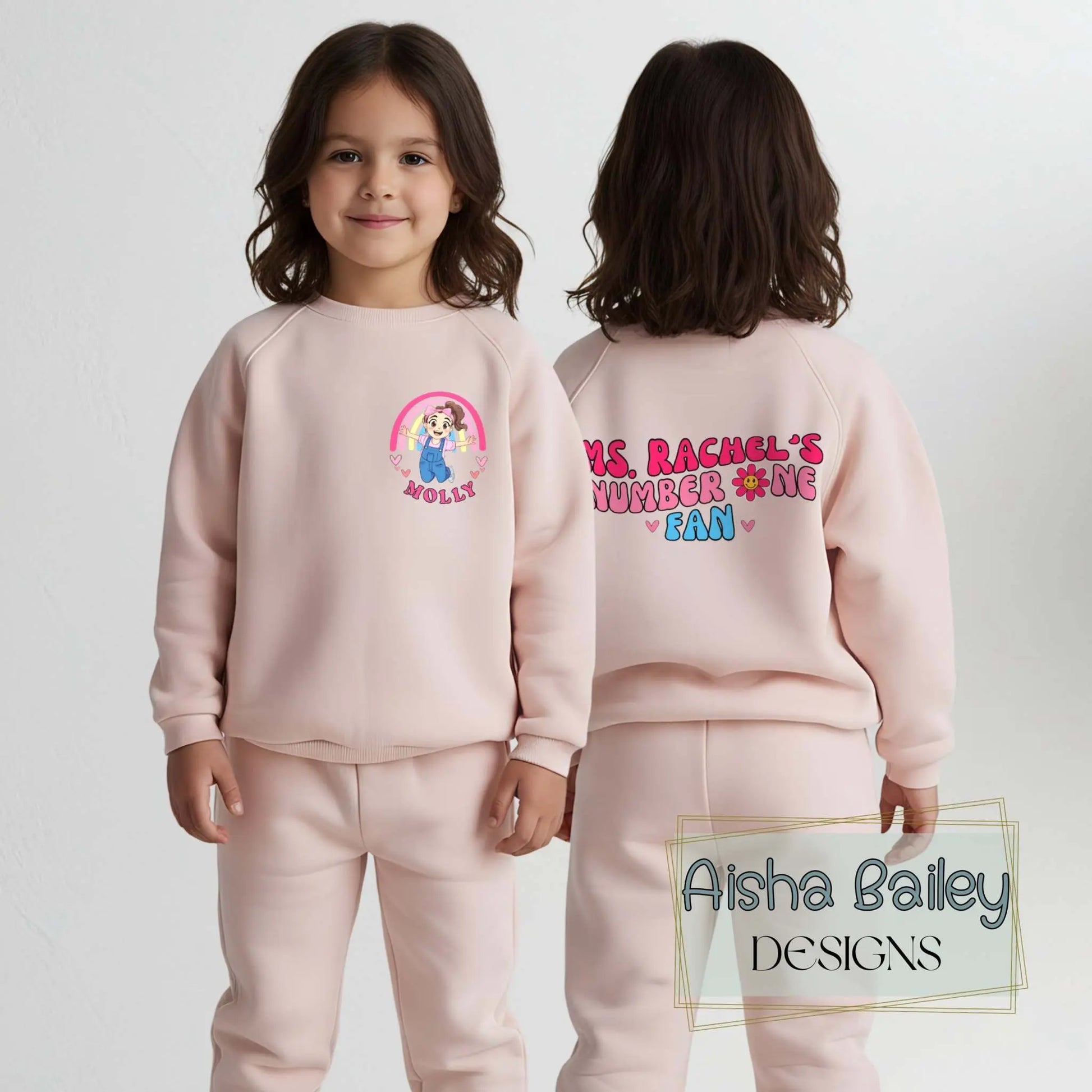 Ms Rachel Personalised Loungewear Set: Ms Rachel custom loungewear set for girls with matching top and bottoms and fun back print design