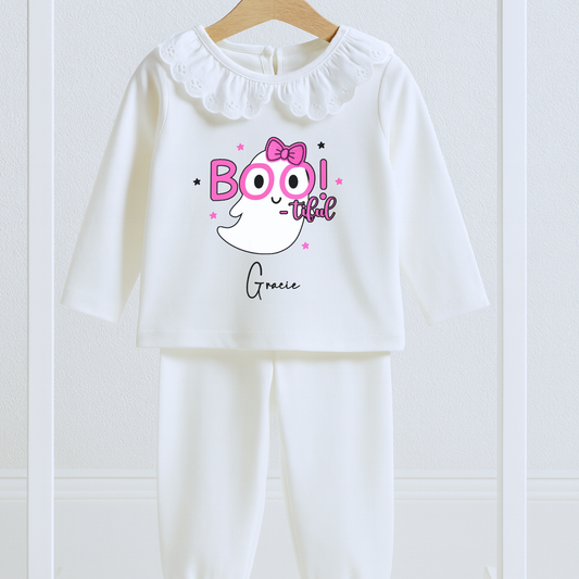 Personalised Halloween pyjamas for girls with “Boo-tiful” ghost design on white frill set.