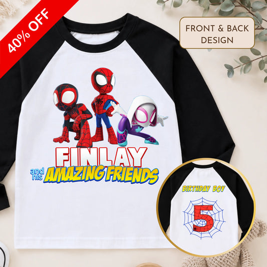 Boys Personalised Spidey Birthday Top – Raglan Baseball Style Top, Reduced to Clear AishaBaileyDesigns