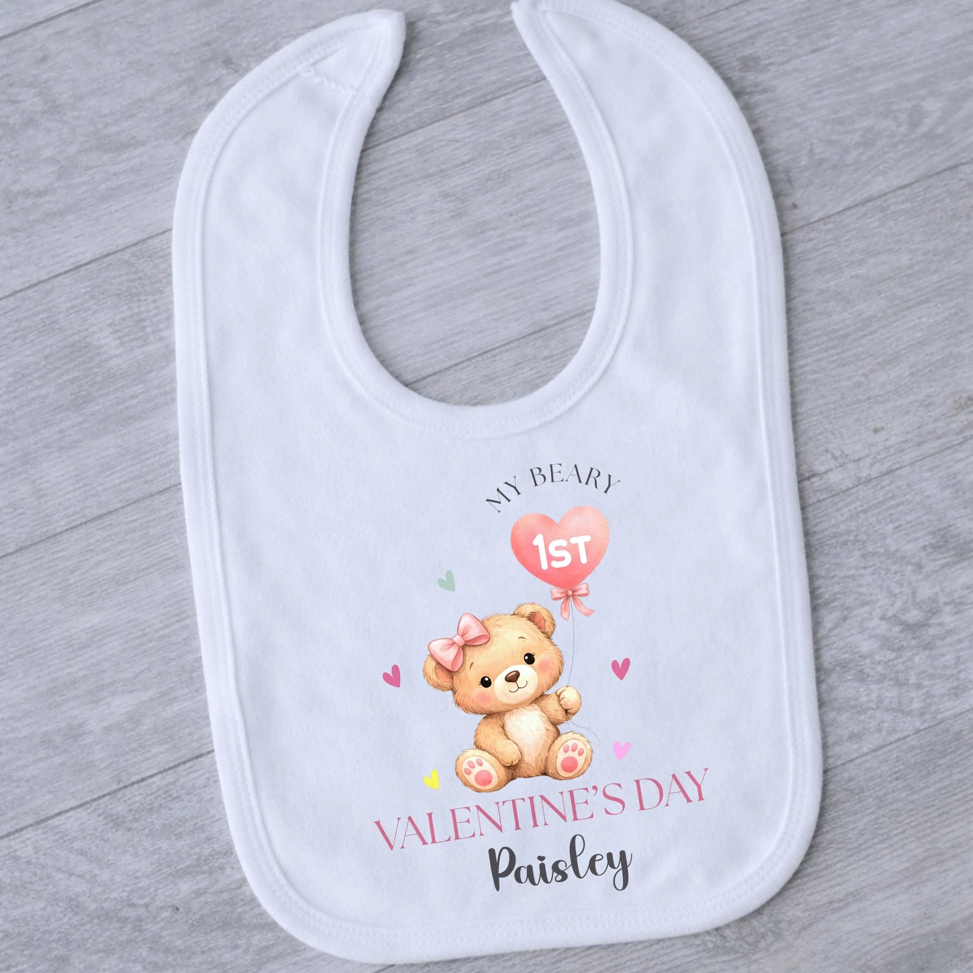 Personalised First Valentines Day baby girl outfit - baby grow, vest, bib with her custom name. The cute Valentine gift for baby