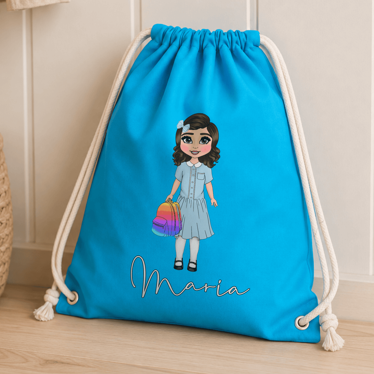 Personalised Back to School Drawstring Bag for girls with custom gingham school doll, child's features and name
