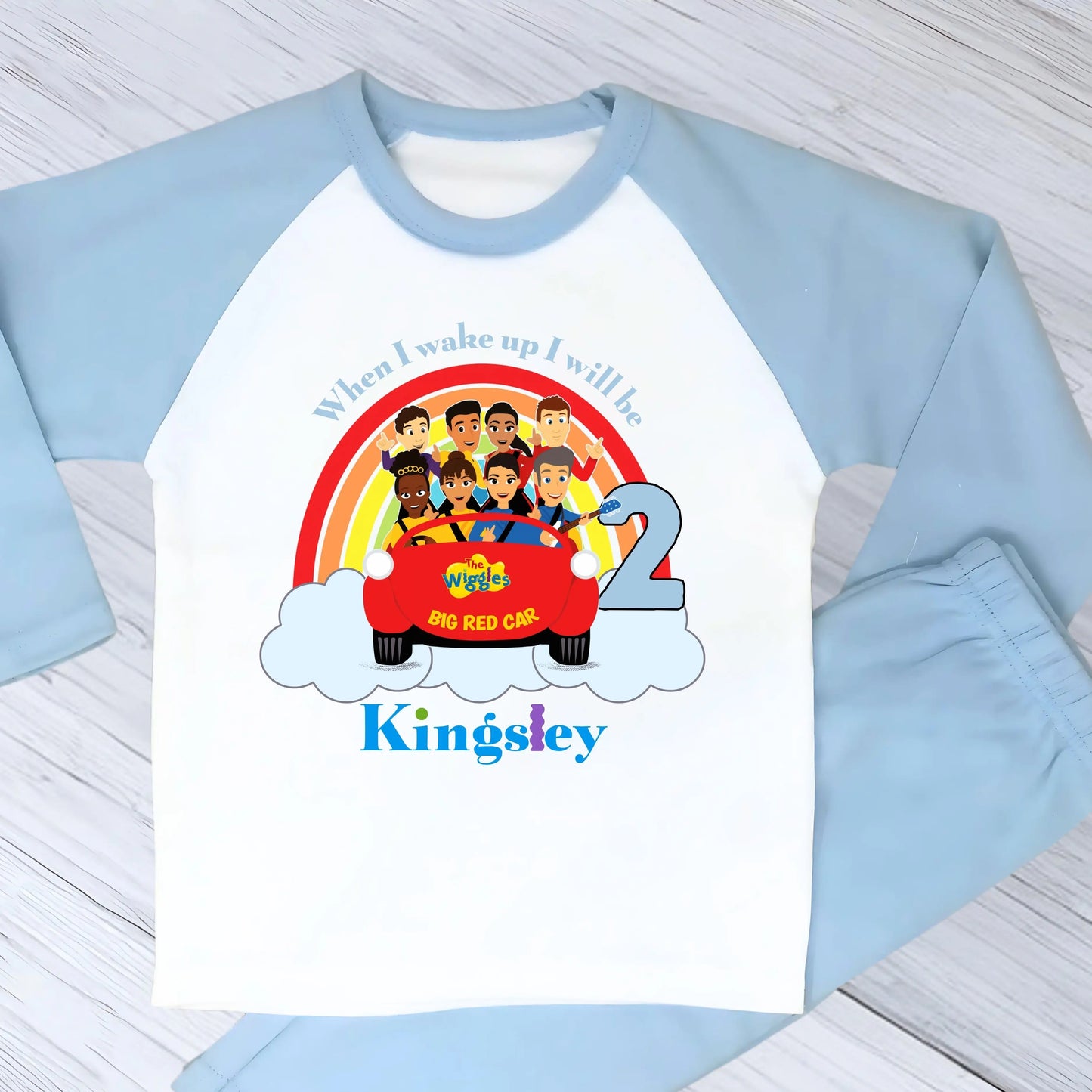 Personalised The Wiggles birthday pyjamas for boys with custom name and age, Big Red Car design.