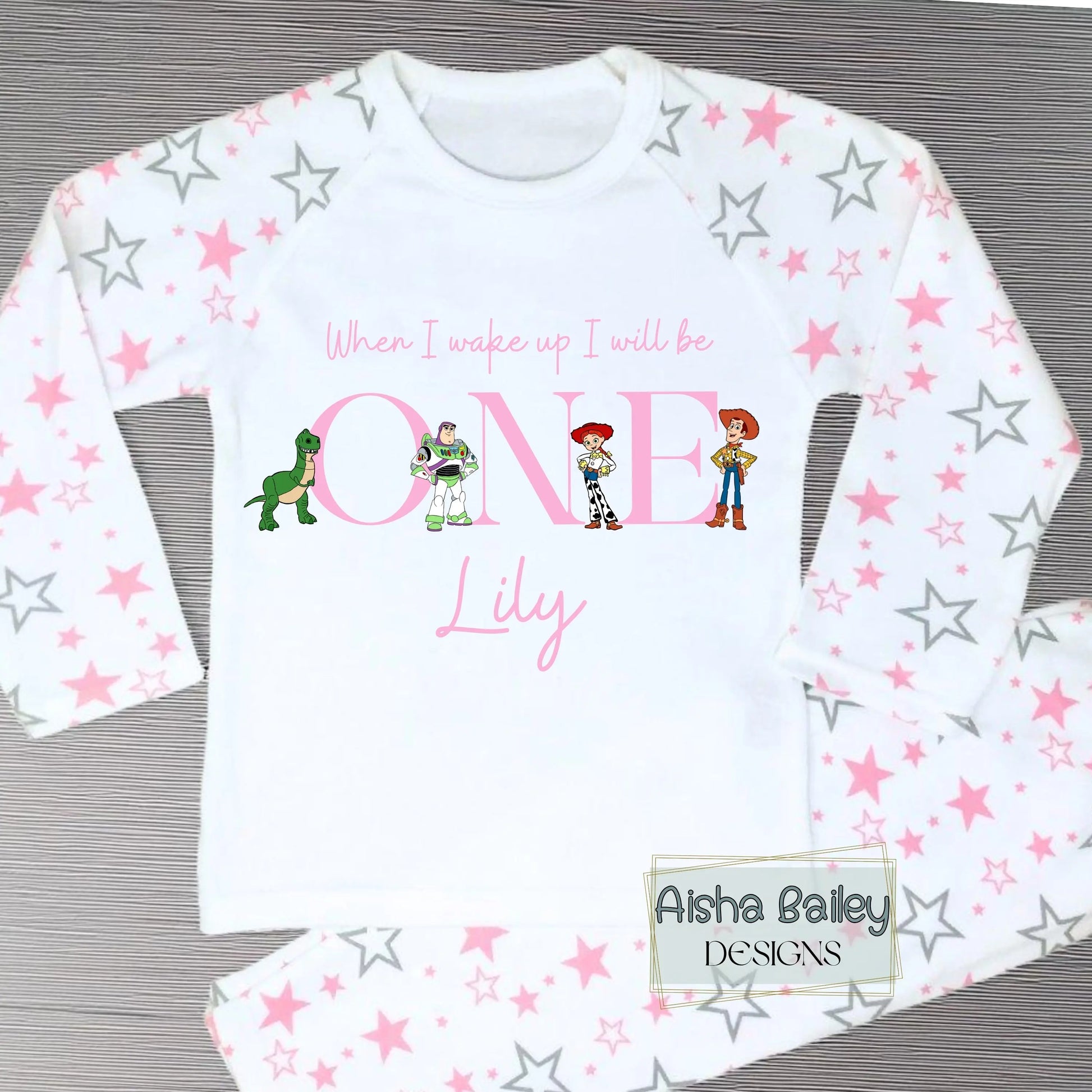Personalised Toy Story birthday pyjamas for girls with custom name, when I wake up I will be birthday outfit pink kids pyjama set