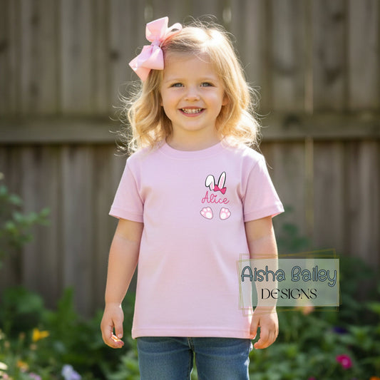 Personalised Easter top for girls with bunny ears design and custom name on left breast. Available in sweatshirt and t-shirt, Easter gift for kids