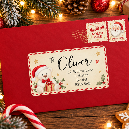 Personalised Letter from Santa Nice List certificate with child's name, Christmas teddy bear and festive red envelope