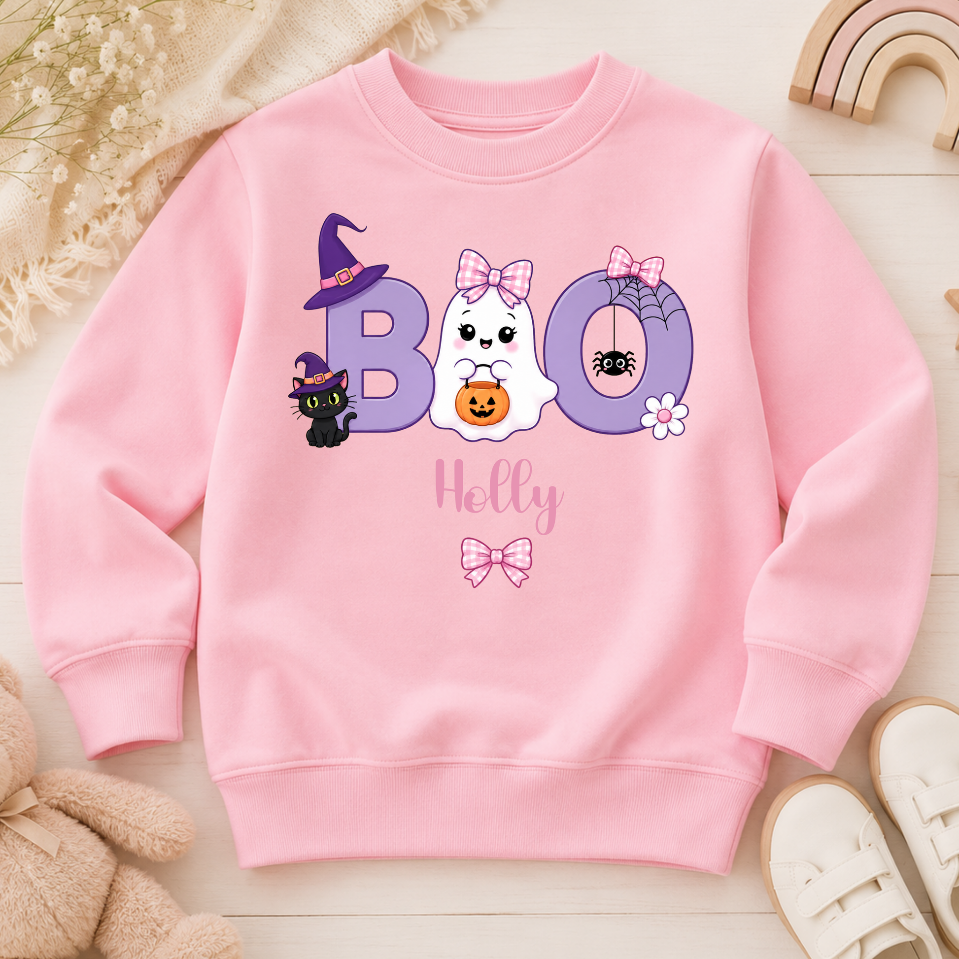 Personalised Halloween Sweatshirt for Girls featuring a cute ghost with bow, playful Boo design and custom name, available in three colours.