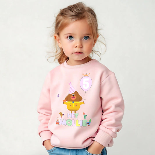 Hey Duggee Birthday Sweatshirt - Girls Personalised Hey Duggee Pink Bday Jumper, Girls personalised hey duggee, dey duggee pink balloon, pink balloon birthday, hey duggee personalised birthday sweatshirt jumper