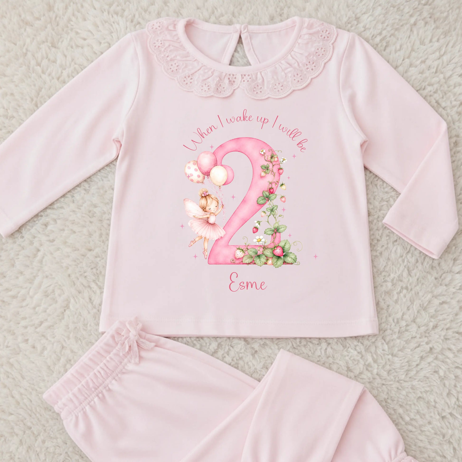 Girls Personalised Birthday Pyjamas – Strawberry Fairy Frill Pyjama Set AishaBaileyDesigns
