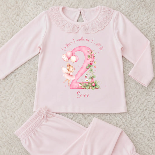 Girls Personalised Birthday Pyjamas – Strawberry Fairy Frill Pyjama Set AishaBaileyDesigns