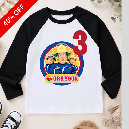 Personalised Fireman Sam Birthday Top for Boys and Girls – Raglan Baseball Style Top, Reduced to Clear AishaBaileyDesigns