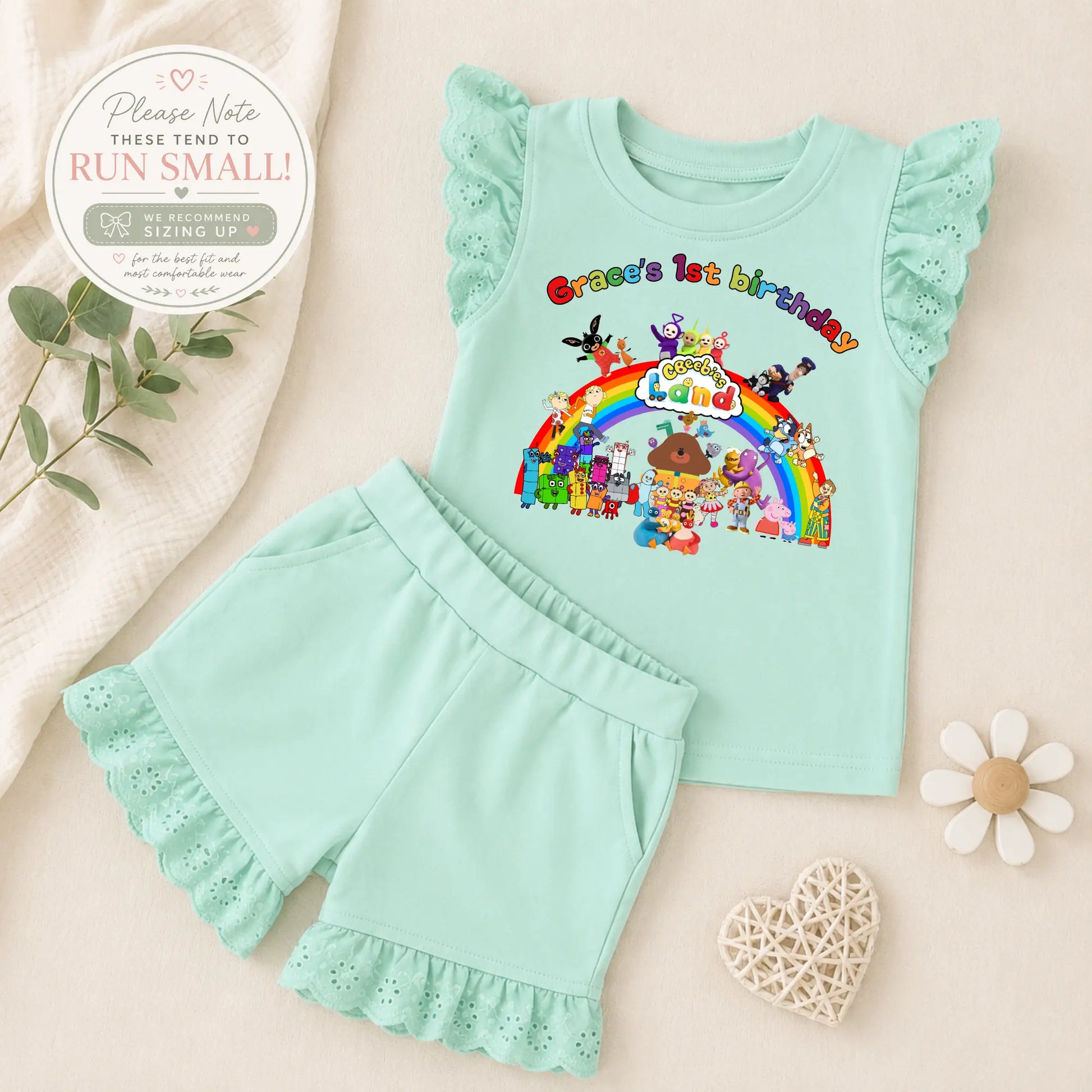 Personalised Cbeebies Character Birthday Outfit for Girls – Frilly Top and Shorts Set AishaBaileyDesigns