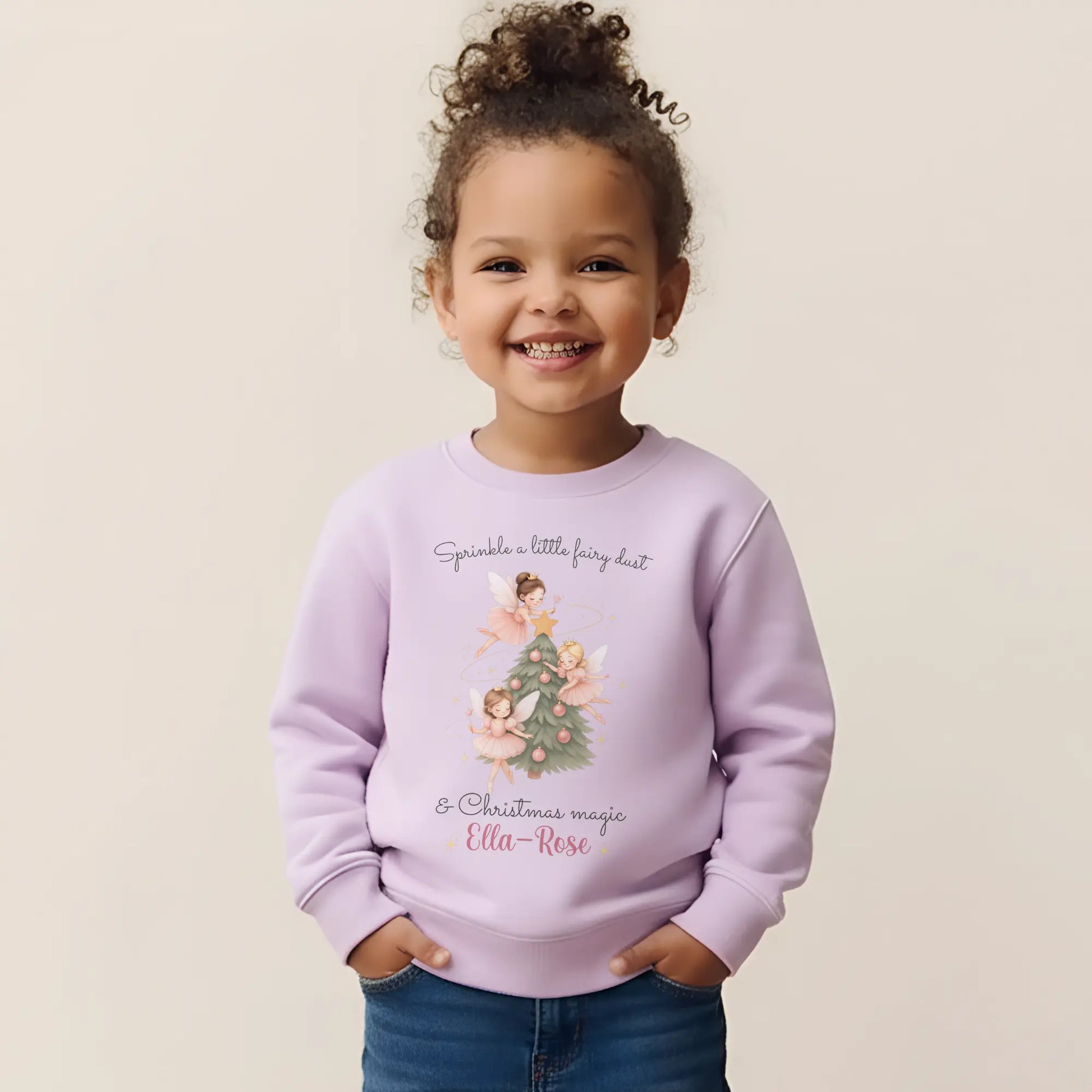 Girls Christmas Sweatshirt: Personalised Christmas sweatshirt for girls with magical fairy and Christmas tree design, custom name print Christmas jumper 