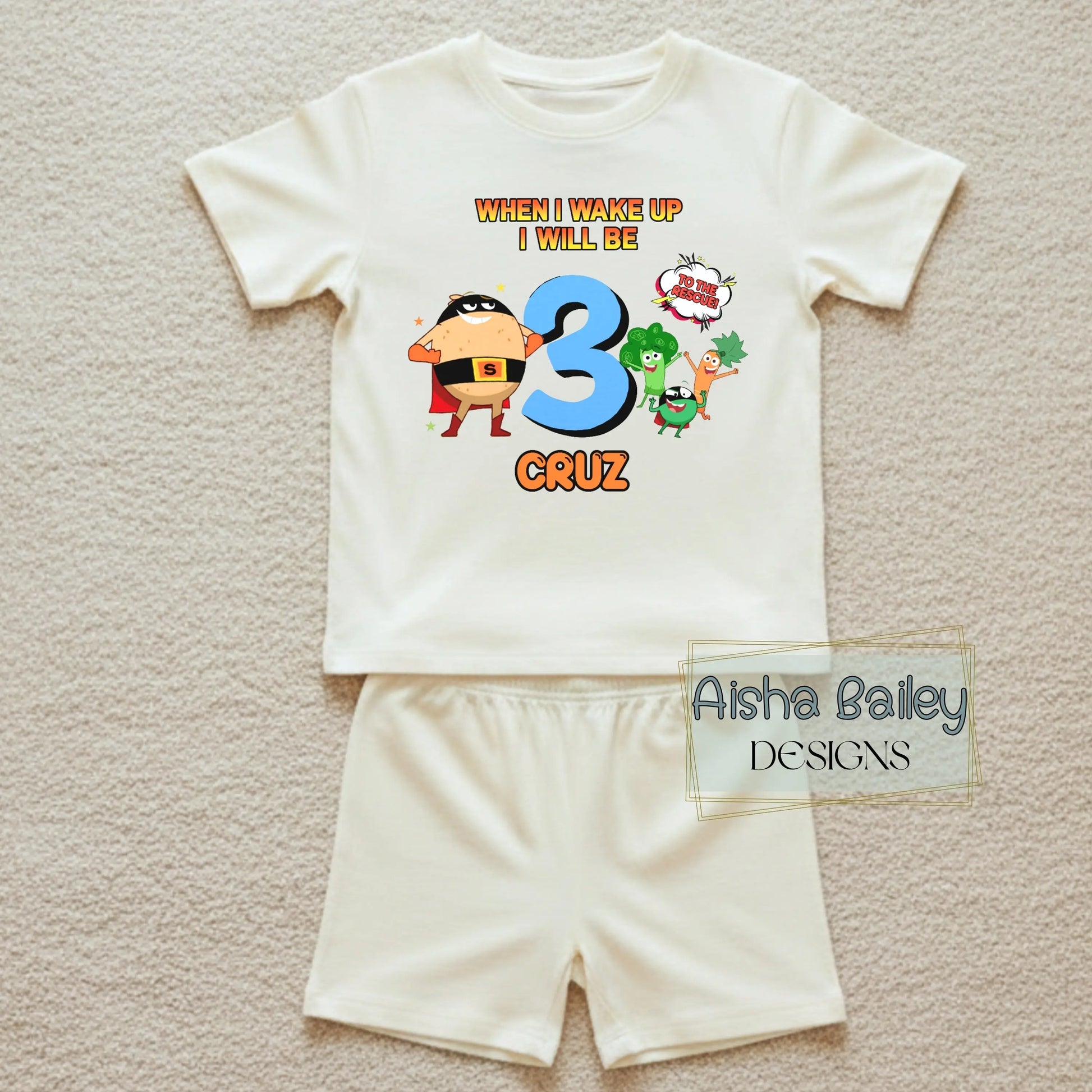 Boys personalised Supertato birthday pyjamas with When I Wake Up design, custom name and age, white star print kids PJs