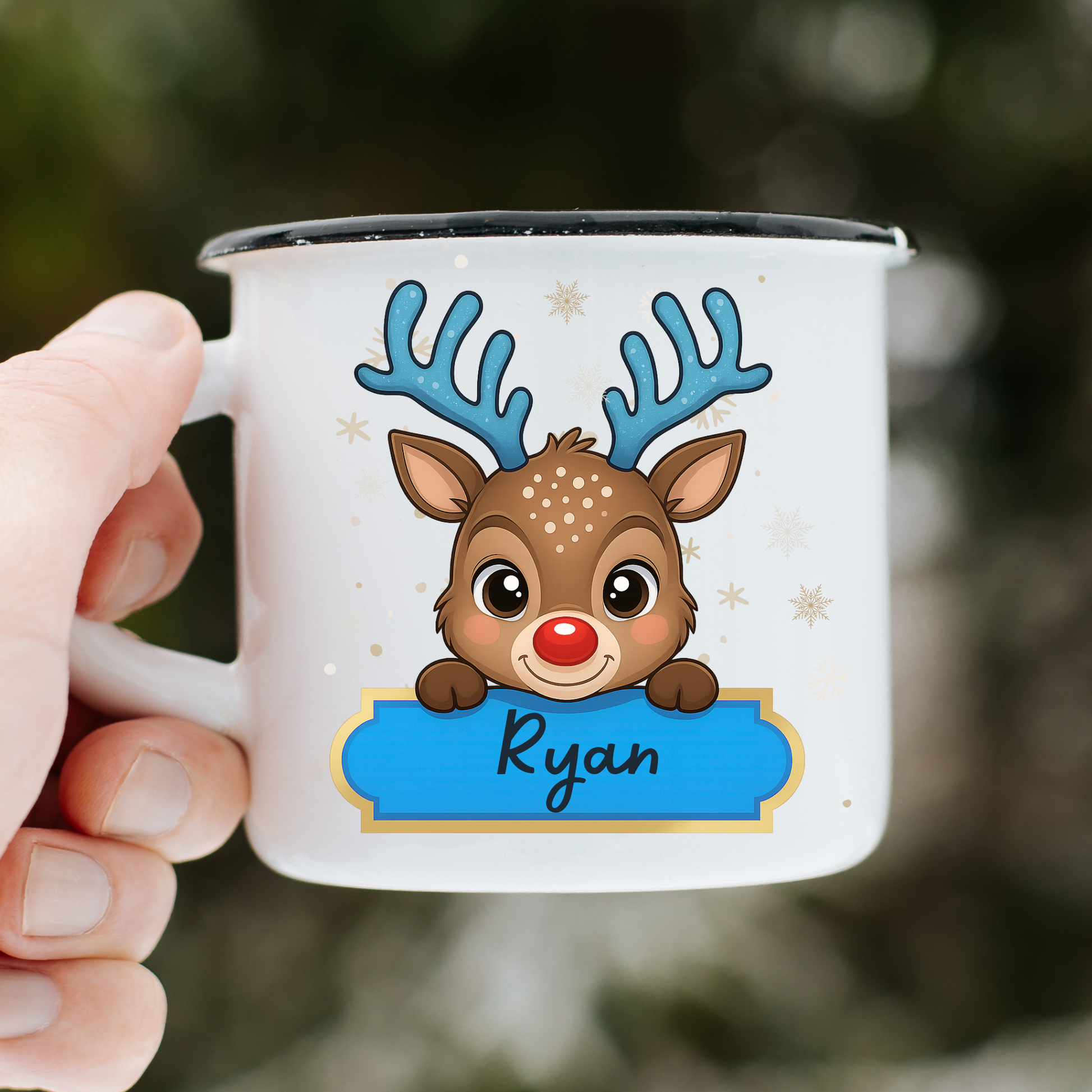 Kids Christmas mug - boys personalised cute reindeer Christmas cup, custom name mug