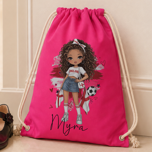Personalised girls England football PE drawstring bag with custom name, perfect for school, football training, sports and gym.