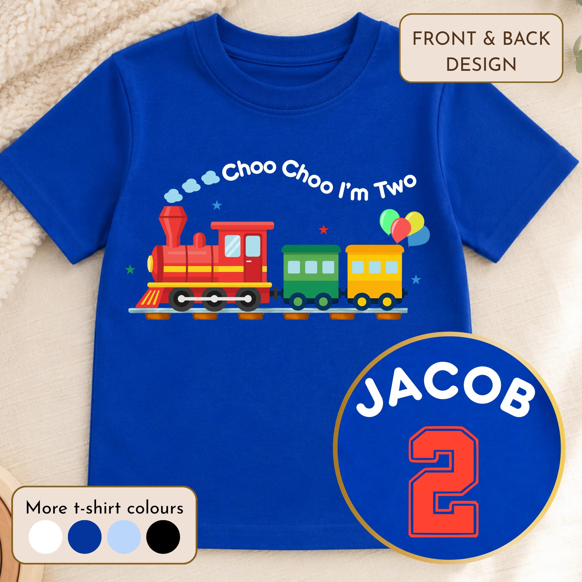 Choo Choo I'm 2 personalised birthday t-shirt with colourful train design and custom name with number 2 on the back for boys' second birthday.