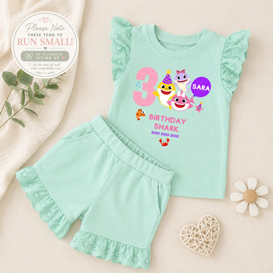 Personalised Baby Shark Birthday Outfit for Girls – Birthday Shark Frilly Top and Shorts Set AishaBaileyDesigns