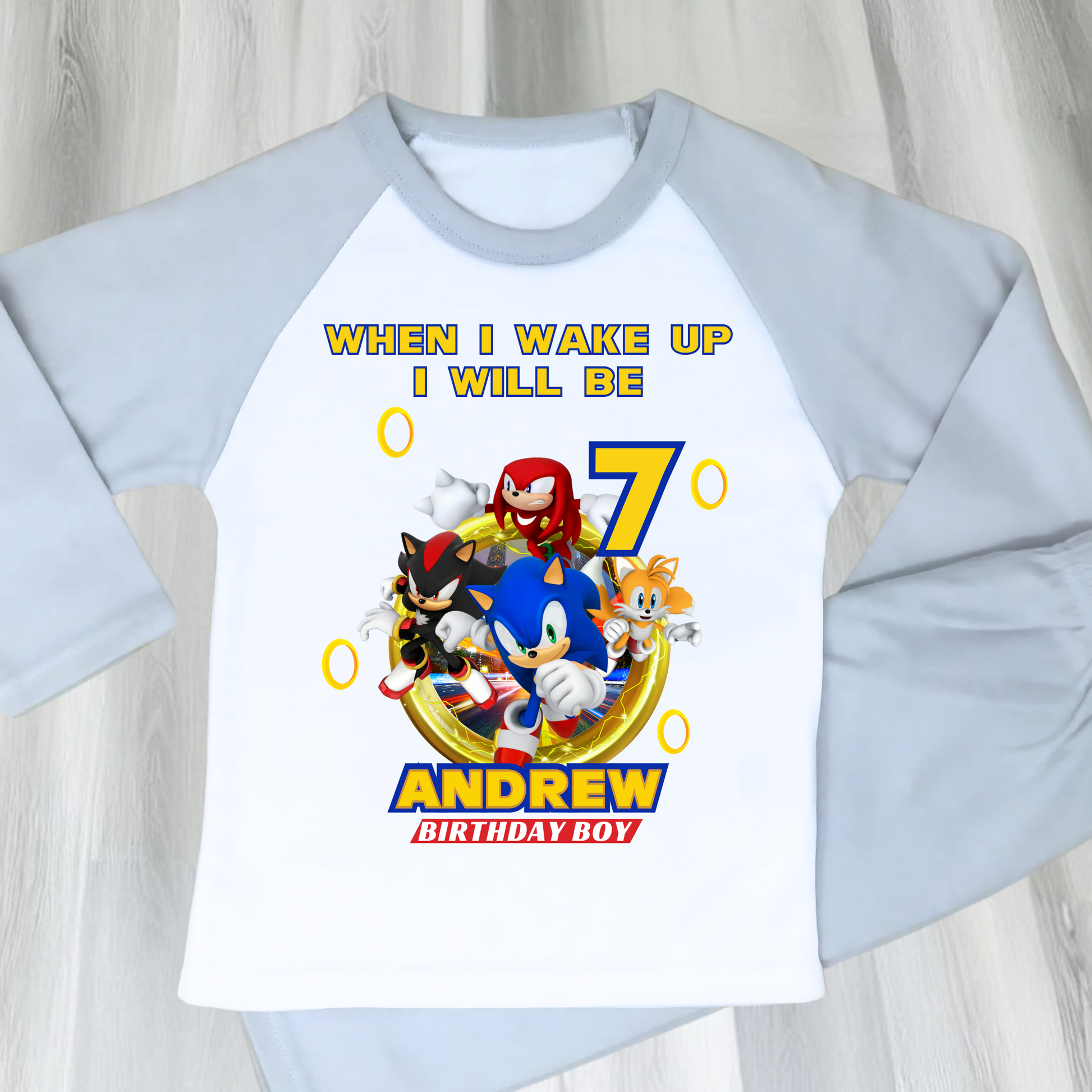 Boys Sonic birthday pyjamas, boys personalised sonic, gamers birthday pjs, sonic the hegehog pjs, sonic birthday pajamas
