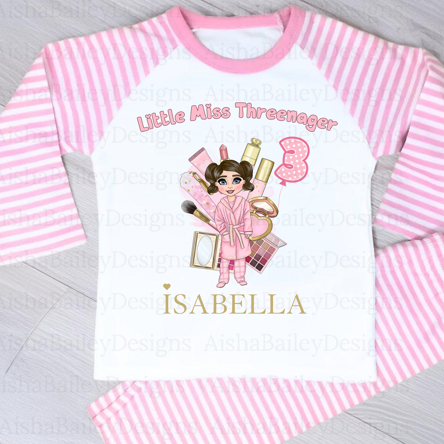 Personalised Threenager Birthday Pyjamas for Girls | Custom Makeup Dolly PJs - 3rd Birthday PJs AishaBaileyDesigns