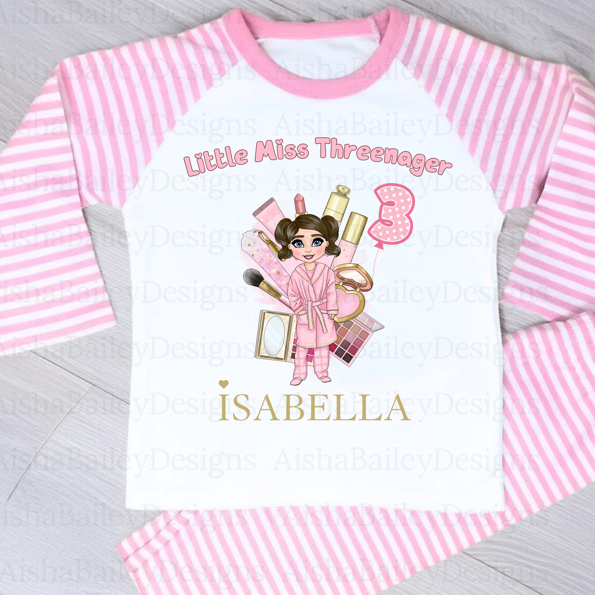 Personalised Threenager Birthday Pyjamas for Girls | Custom Makeup Dolly PJs - 3rd Birthday PJs AishaBaileyDesigns