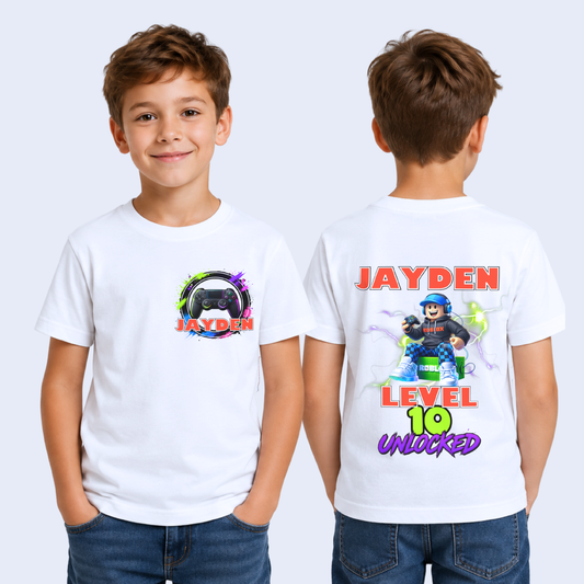 Personalised Roblox Birthday T-Shirt for Boys with custom name, age, gaming controller and Level Unlocked front and back design