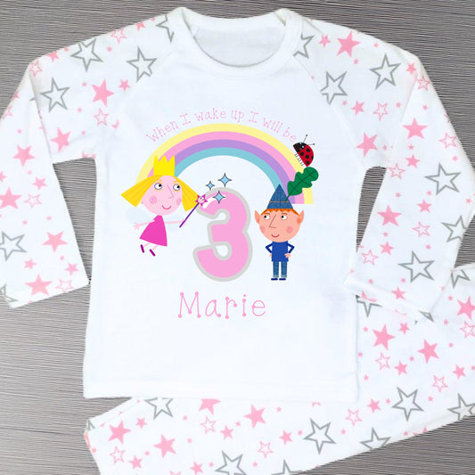 Ben and Holly birthday pyjamas: Personalised Ben and Holly’s Little Kingdom birthday pyjamas for girls with rainbow, characters, age and custom name.
