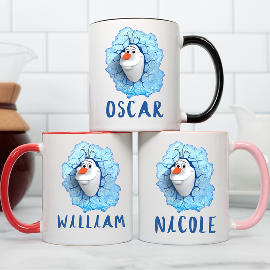 Kids Christmas Mug personalised with Frozen Olaf design and custom name.