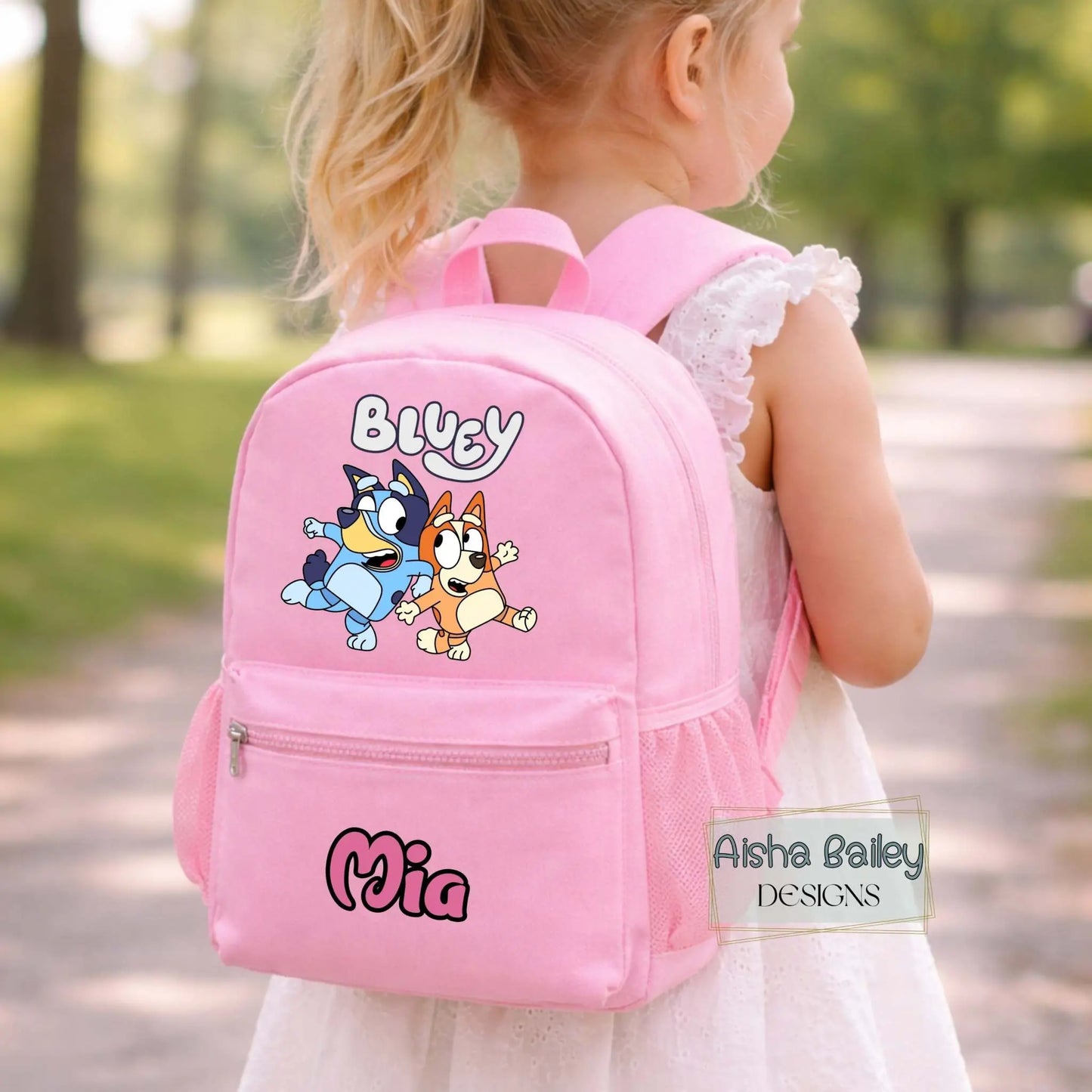 Personalised Bluey backpack for kids with custom name, pink and neutral school bag for toddlers and children with Bluey characters