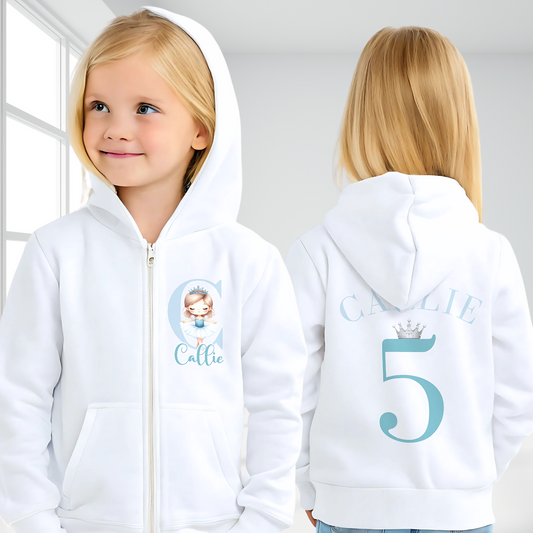 personalised princess hoodie with zip-up front, custom name and initial printed on left chest, and name with birthday number crowned with a tiara printed on the back, soft and cosy hoodie for girls, perfect birthday gift or everyday wear