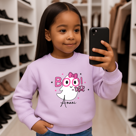 Personalised Girls Halloween Sweatshirt - Personalised Halloween sweatshirt for girls with cute ghost “Boo” design in lilac. Child wearing a purple sweatshirt with a ghost design holding a phone in a shoe store.