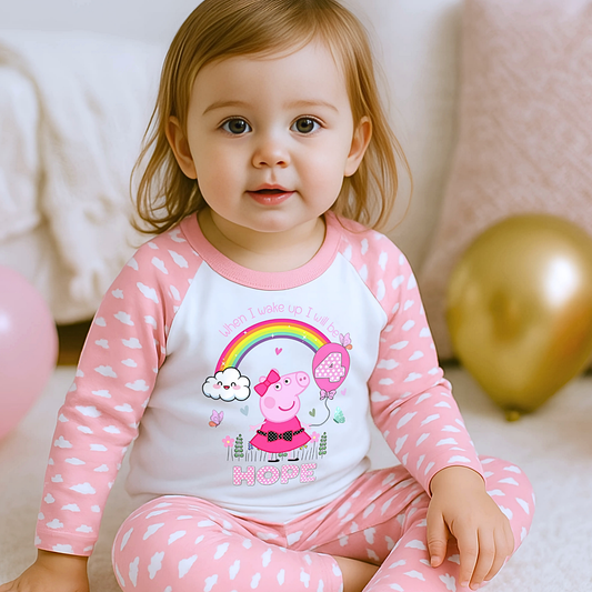 Peppa Pig birthday pyjamas: set of Personalised Peppa Pig Birthday Pyjamas designed for little girls, featuring Peppa Pig in a whimsical spring garden theme with blooming flowers and vibrant colours. The pyjamas include a playful rainbow with pink polka dots, displaying the child's age for a personalised touch. The set is personalised with the child's name, making it a unique gift for Peppa Pig fans, perfect for wearing on the eve of their birthday.
