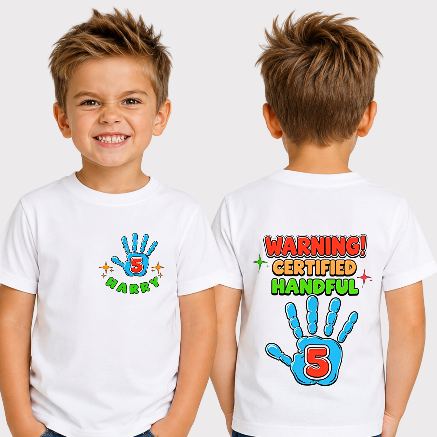 Personalised 5th Birthday T-shirt: Warning! Certified Handful Tee for Boys
