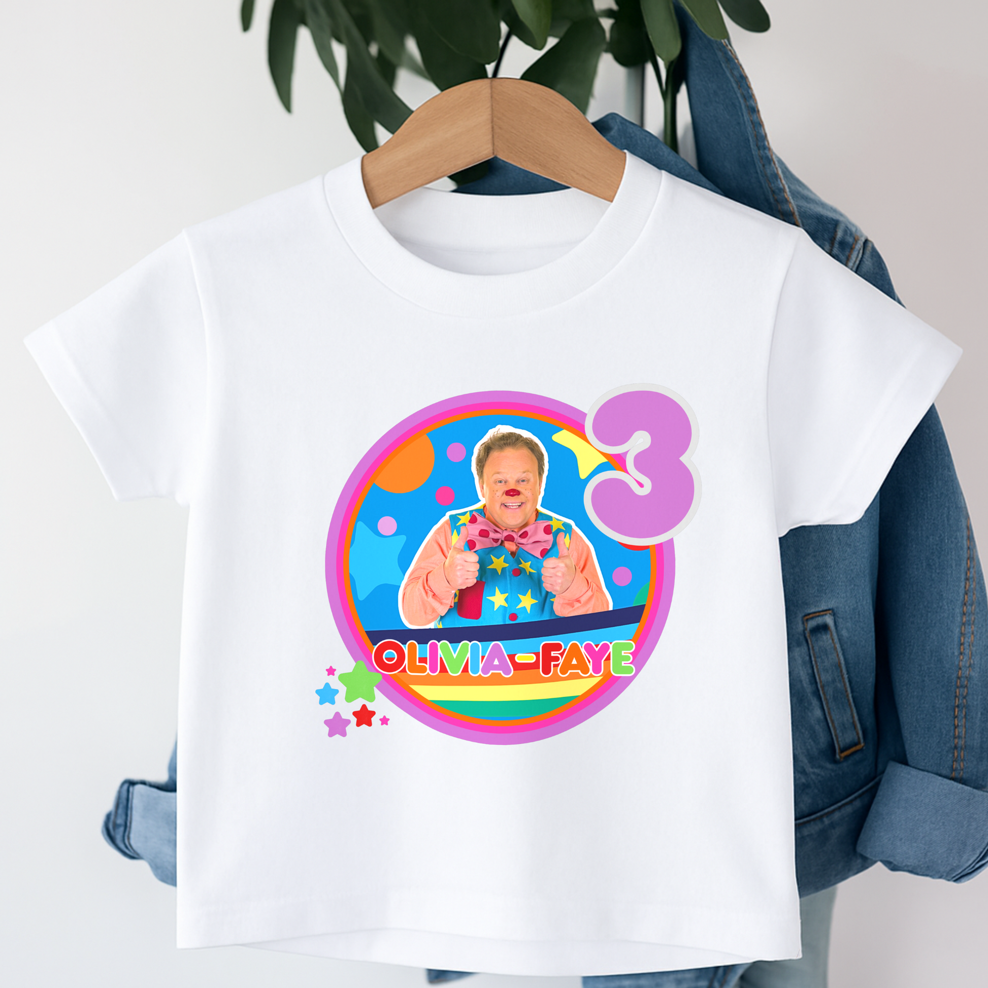 Personalised Mr Tumble birthday t-shirt for toddlers and girls, custom name and age birthday outfit with colourful design, perfect party gift