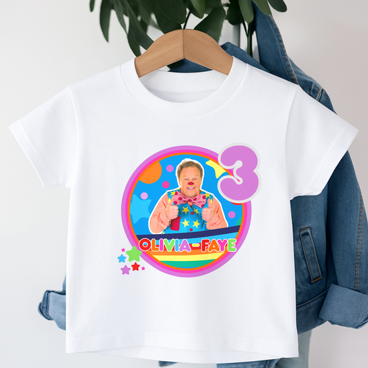 Personalised Mr Tumble birthday t-shirt for toddlers and girls, custom name and age birthday outfit with colourful design, perfect party gift