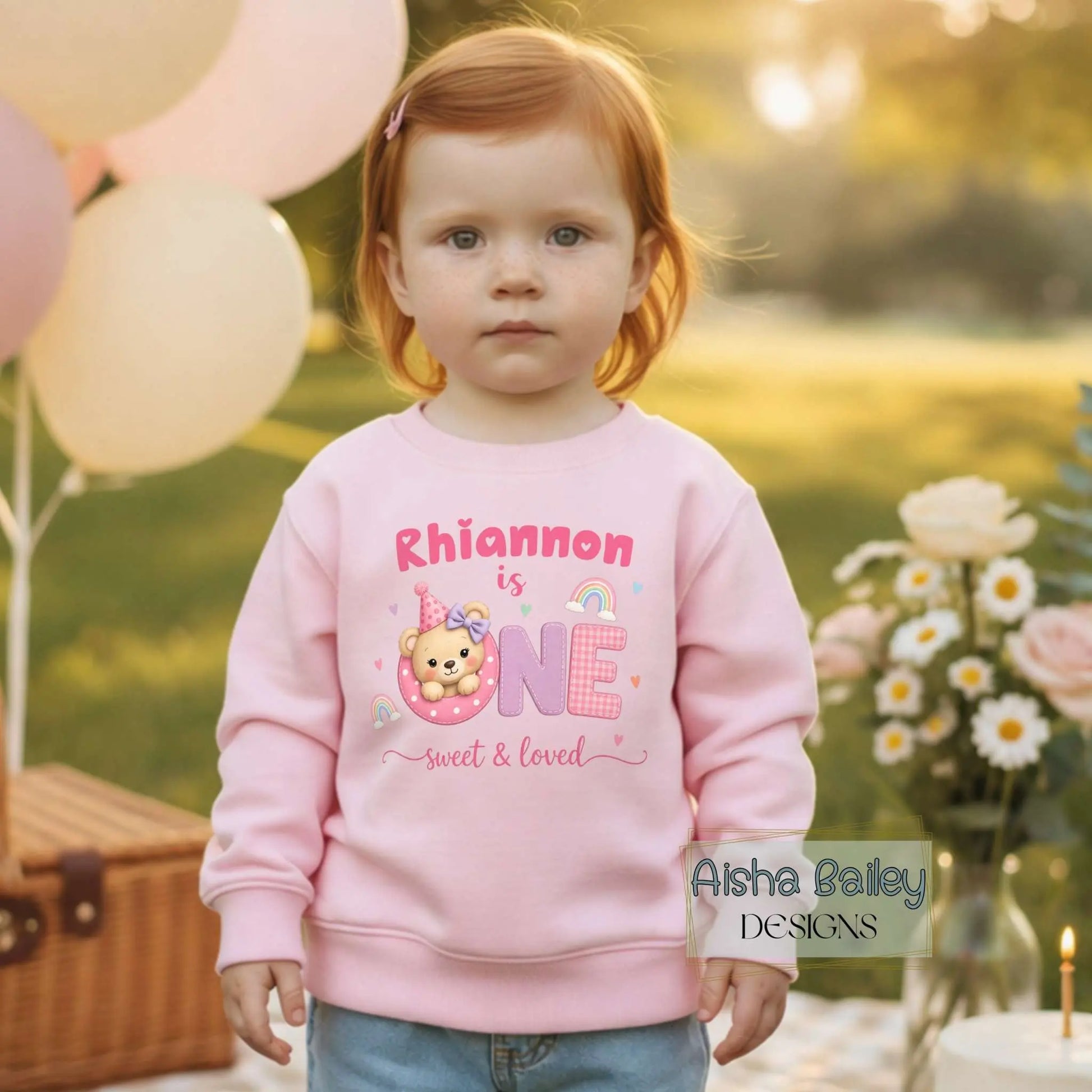 1st Birthday Sweatshirt, Personalised first birthday sweatshirt with custom name, pastel teddy design, baby wearing cosy birthday jumper at celebration