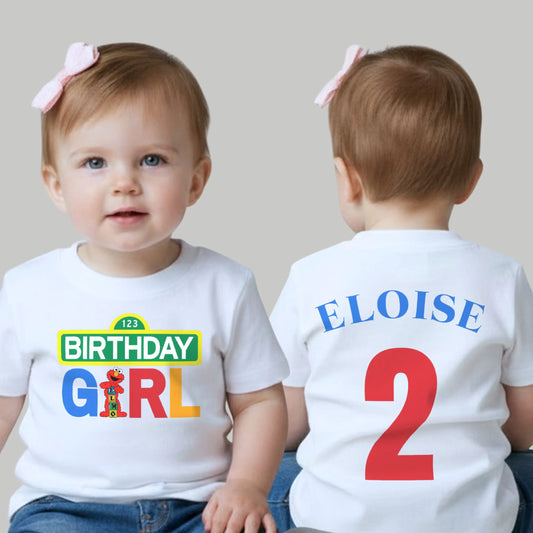 Personalised elmo birthday t-shirt for girls with custom name and age