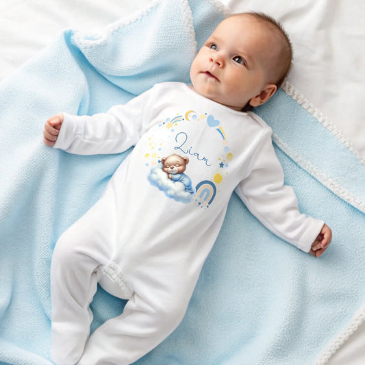 Personalised baby grow with blue sleeping bear name design,personalised baby outfit, new arrival gift, new baby boy, personalised baby boy, coming home outfit
