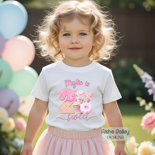 Personalised two sweet birthday t-shirt for toddler girl with ice cream donut design and custom name