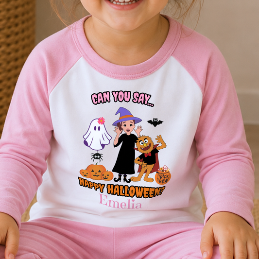 Girls personalised Ms Rachel Halloween pyjamas with “Can You Say Happy Halloween?” design and child’s name