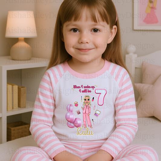 Girls personalised birthday pyjamas, irls personalised birthday pyjamas with a custom makeup doll design. A soft, cosy, and thoughtful birthday gift that’s unique to your child.