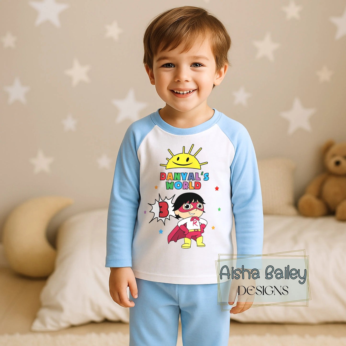Ryan's World personalised birthday pyjamas for boys with colourful superhero design