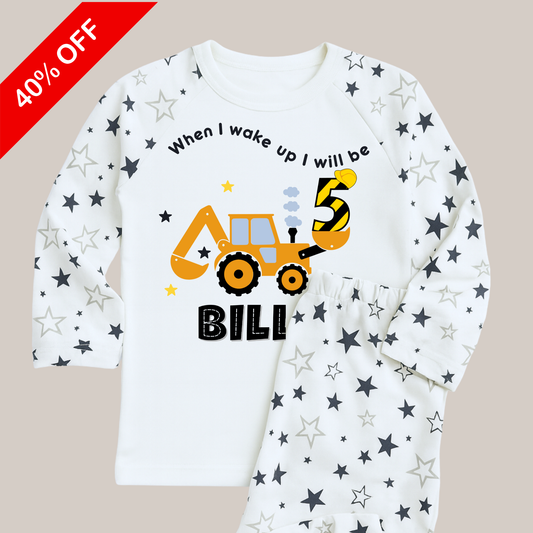 Boys Personalised Digger Birthday Pyjamas, When I wake up Construction Black Star Pyjamas, Reduced to Clear