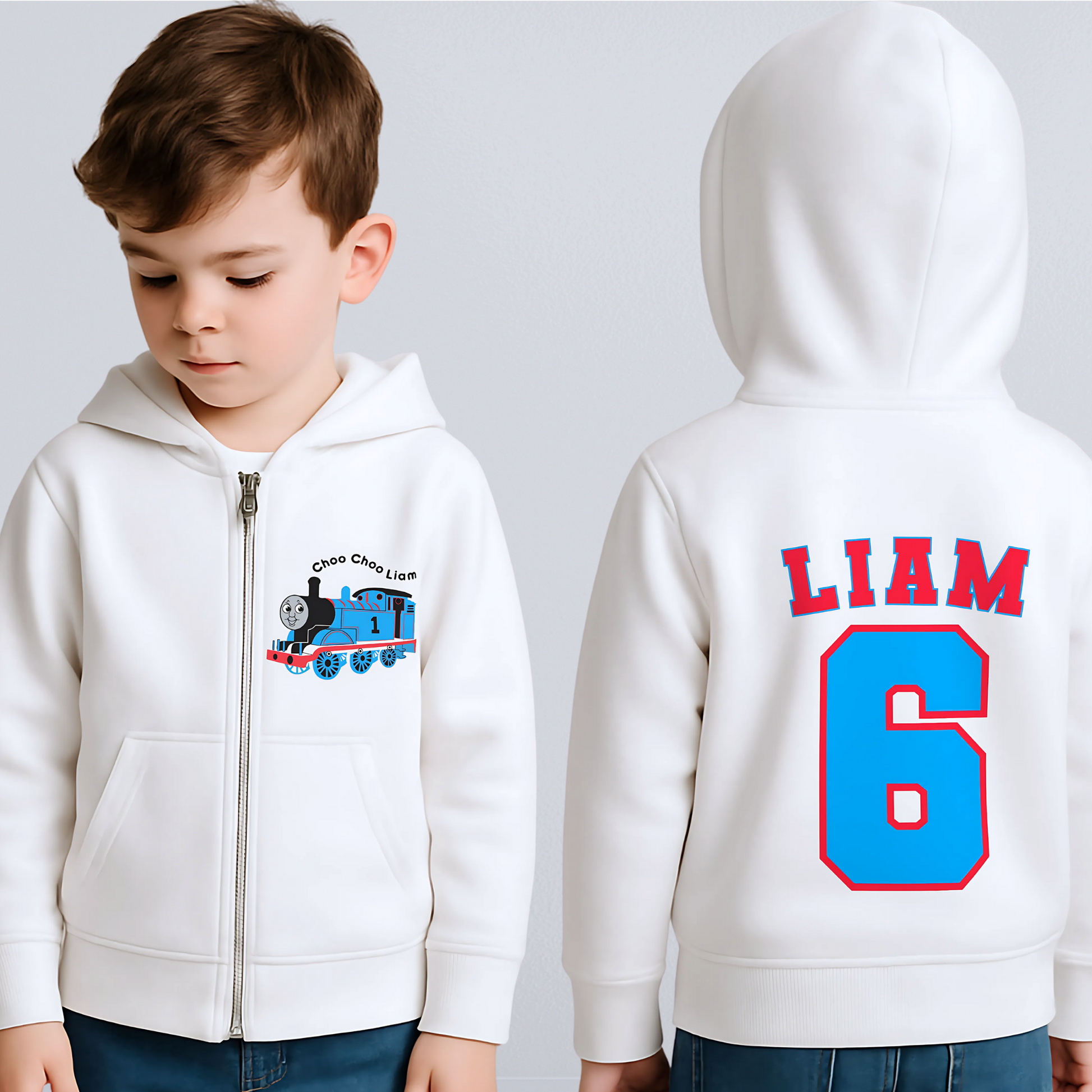 personalised thomas hoodie for boys – zip up with name on front and name plus age on back, birthday gift in white, black, grey, and navy blue