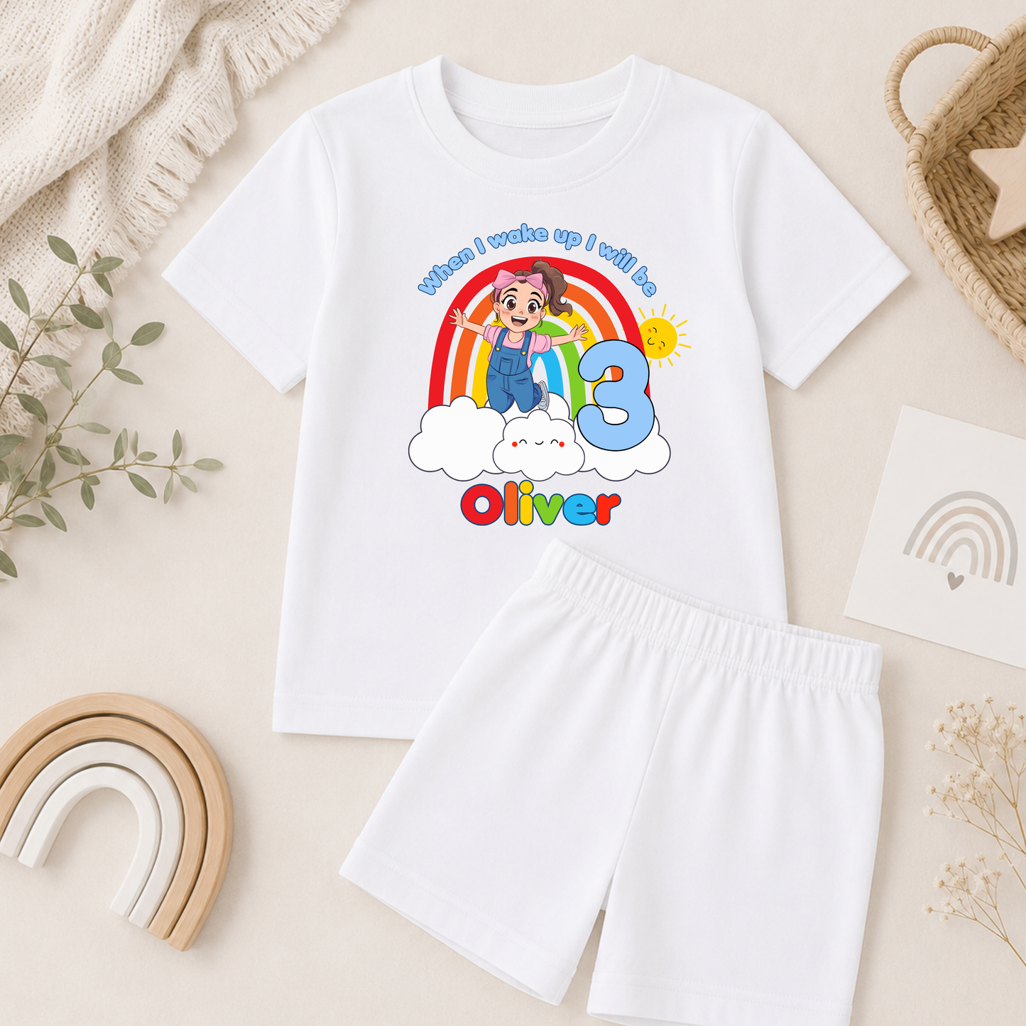 Boys Personalised Ms Rachel Short Birthday Pyjamas - When I Wake Up with custom name and age, colourful rainbow birthday design and short sleeve shorts set.