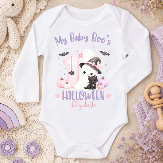 Personalised First Halloween Baby Outfit for girls with Baby Boo ghost, black cat, pumpkins and pink and lilac 1st Halloween design